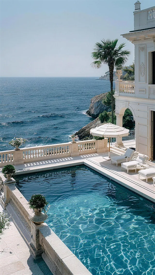 A balustraded villa pool over the sea