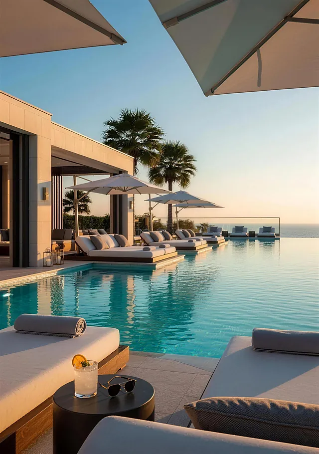 Daybeds and umbrellas along an infinity pool at golden hour, the sea beyond